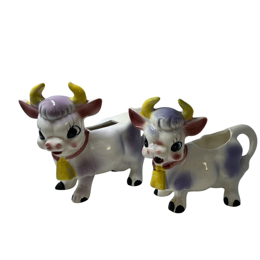 Vintage Anthropomorphic Cow Creamer Sugar Porcelain Purple Hand Painted‎ Japan